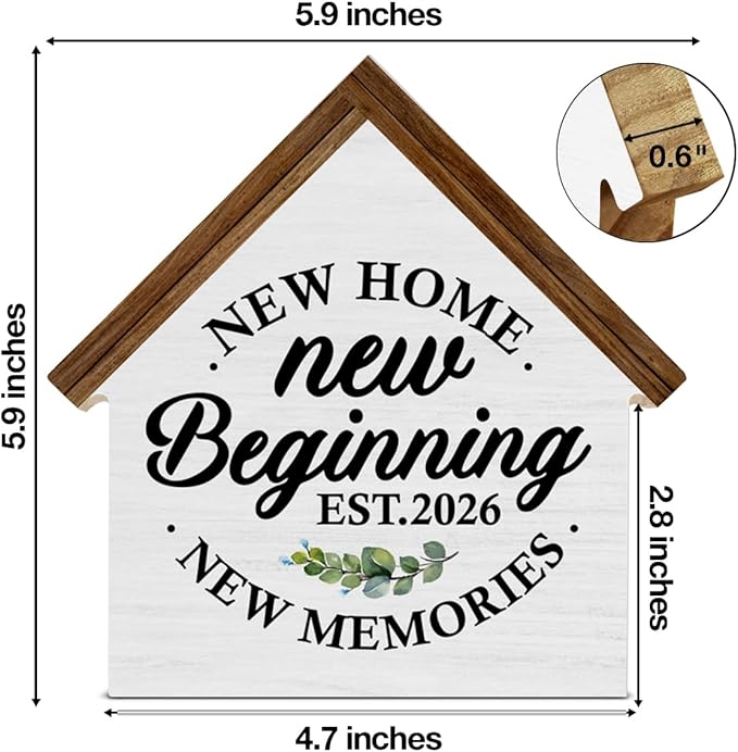2026 Housewarming Gifts, New Home Gift Ideas, New Beginnings House Shaped Wooden Block Sign, Home Living Room Decor for Desk Table Shelf