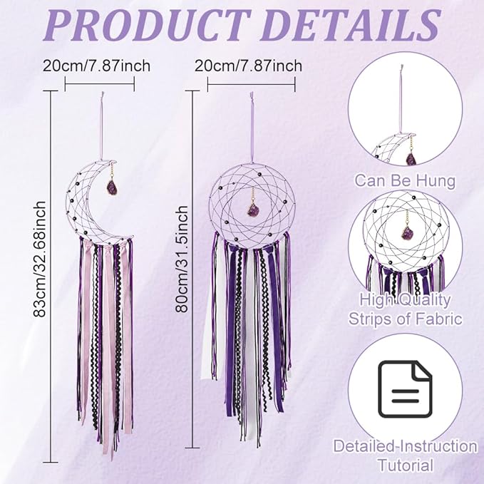 DIY Purple Moon Lace Gothic Dream Catcher kit 2 Set Boho Large Half Circle Handmade Dream Catcher Kit with Purple Agate for Wall Decor Women Gift Moon Sun DIY Gifts for Bedroom Christmas