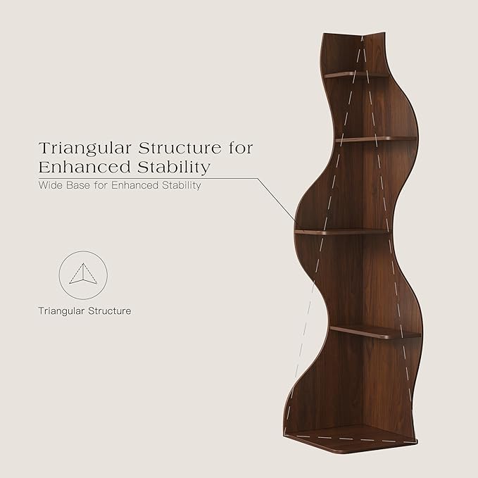 YOWOS Modern Corner Shelf, 5 Tier High Corner Bookshelf for Small Spaces, Scalloped Corner Bookshelf and Storage, Wooden Display Stand for Plants, Books and Decorations (Walnut)