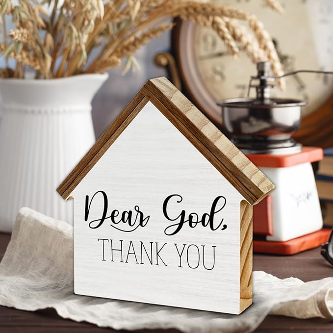 Christian Home Decor, Dear God Thank You House Shaped Wood Sign, Christian Farmhouse Living Room Decor for Desk Table Shelf