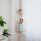 Artilady White Corner Floating Shelves Wall Hanging- Macrame 3 Tier Corner Shelf Plant Wall Decor Boho Rustic Wooden Storage Orgnizer for Bedroom Living Room Pots Photos