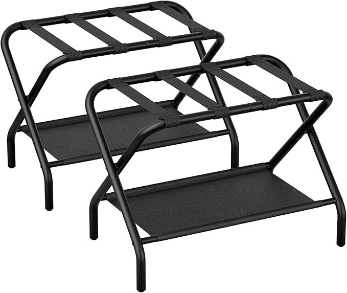 Set of 2 Luggage Rack for Guest Room, Folding Suitcase Stand with Shoe Shelf, Steel Portable Luggage Stand Bedroom, Hotel, Easy Assembly, Hold up to 110 lb, Black