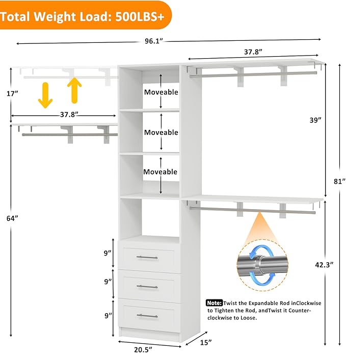 Closet System with Drawers, 5-8FT Closet Organizer Systems with Expandable Hanging Rods, 96" Closet Shelving Systems for Walk in Closets, Heavy Duty Wall Mount Closet Systems-White