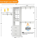 Closet System with Drawers, 5-8FT Closet Organizer Systems with Expandable Hanging Rods, 96" Closet Shelving Systems for Walk in Closets, Heavy Duty Wall Mount Closet Systems-White