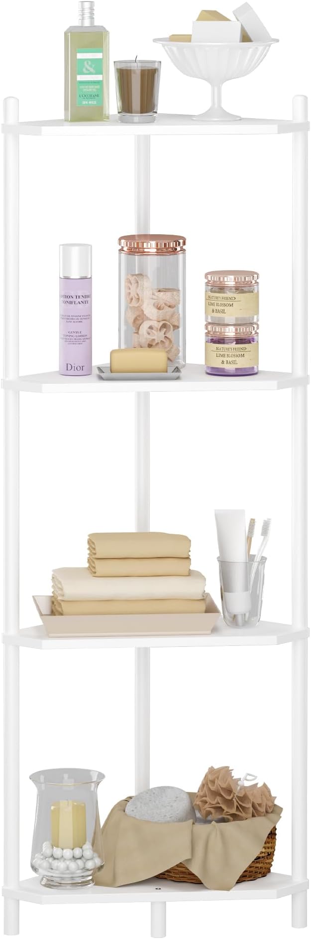 Wisuce Corner Shelf Stand - 4 Tier White Bamboo Small Corner Bookshelf for Office Kitchen Bedroom Plant Stand Living Room Decor Small Space