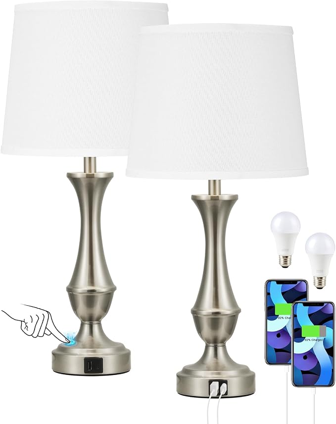 Seealle Upgraded Touch Lamps for Night Stands Set of 2 - Bedside Lamps with USB C+A, 3 Way Dimmable for Bedroom Living Room End Tables Office (White&Nickel)
