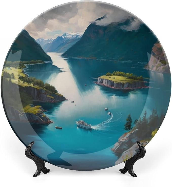 Decorative Plates for Home Decor, Fjords Mountain Lake & Ship Landscape Decor Tray for Table Display, Ceramic Dinner Plate w/Stand, Living Room Dining Room Decor, Housewarming Gifts, 6 Inch