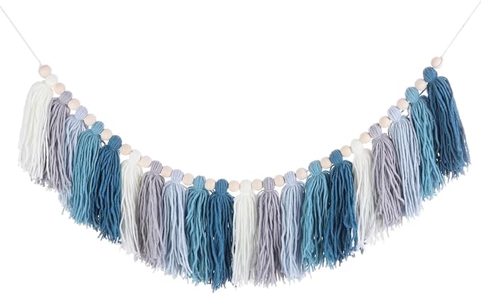 MECCANIXITY Bohemian Yarn Tassel Garland with Wood Beads,3.9Ft Blue Cream Gray Wall Hanging Tassels Banner Western Room Decor for Bedroom Office Nursery Classroom Party Decorations