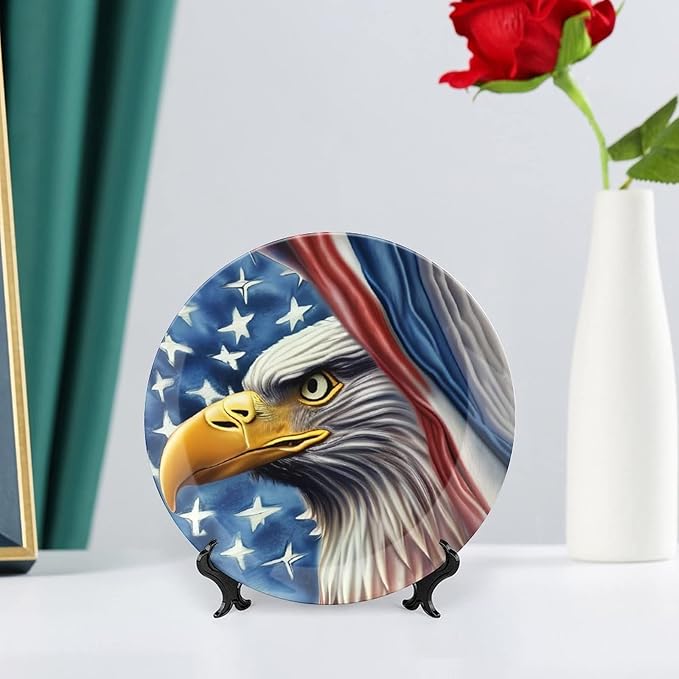 Decorative Plates for Wall Hanging, Eagle and American Flag Patriotic Ceramic Plate, Wobble-Plate with Display Stand, Home Decor for Kitchen Cabinets, Farmhouse Round Tray 7 Inch