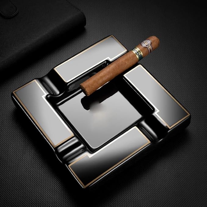 Cigar Ashtray Large Ceramic Cigarettes Ash Tray Black Cigars Ashtrays for Men travel, Indoor, Outdoor, Patio, Home, Office, Gift