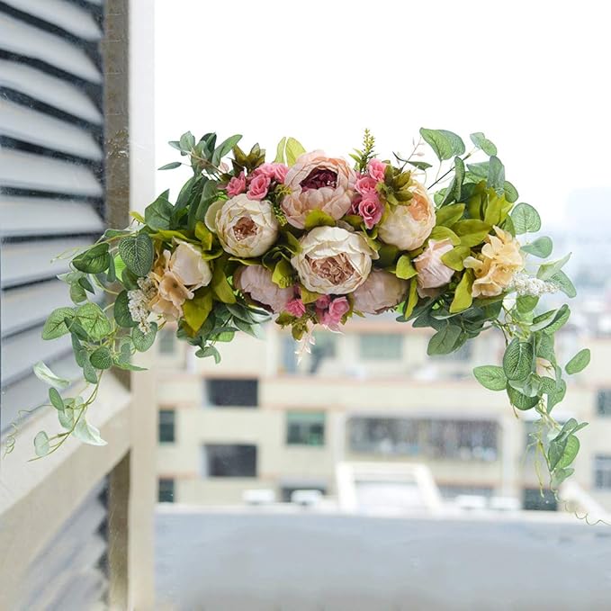 Ansuma Artificial Peony Flower Swag, 30 Inch Decorative Front Door Lintel Swag with Peonies and Eucalyptus Leaves for Wedding Arch Front Door Wall Window Home Garden Party Decor (Champagne & Pink)