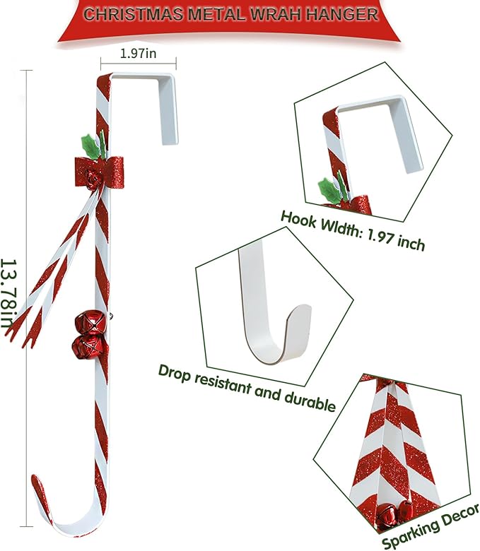 2 Pack Candy Cane Wreath Hangers for Front Door,Christmas Decoration Metal Over The Door Wreath Hanger Ornament,Door Wreath Hanger