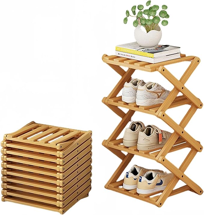 Vertical Shoe Rack Small Narrow Shoe Racks 4-Tier Folding Shoe Storage Rack No Installation Shoes Organizer Shelf Standing Storage Shoe Rack for Entryway Hallway Corridor Room Corner Storage