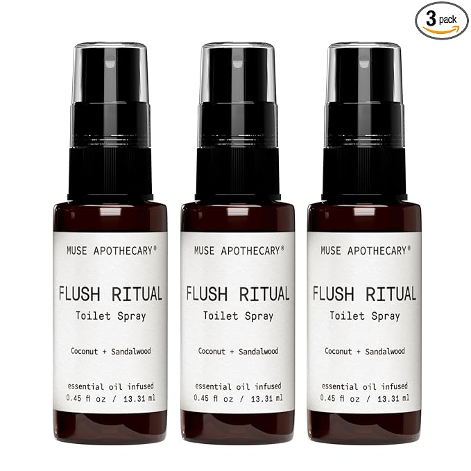 Muse Apothecary Flush Ritual - Aromatic & Refreshing Toilet Spray, Use Before You Go, Infused with Natural Essential Oils - Coconut + Sandalwood - Travel Size Mini Collection, 0.45 oz, 3 Pack