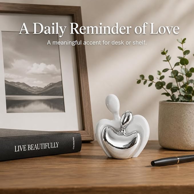 White Silver Mini Hugging Couple Statue Ceramic Lover Figurine Home Decor is a Romantic Gift for Her on Wedding Anniversary and Valentines, TV Stand Decoration Knick Knacks for Shelves (White Silver)