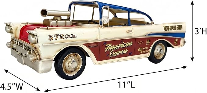 GENUINQ Vintage Classic Car Metal Model, 1950s Style Retro Racer Figurine with Raised Hood Scoop, Red White Blue Patriotic Livery, Man Cave Garage Decor & Collectible Gift