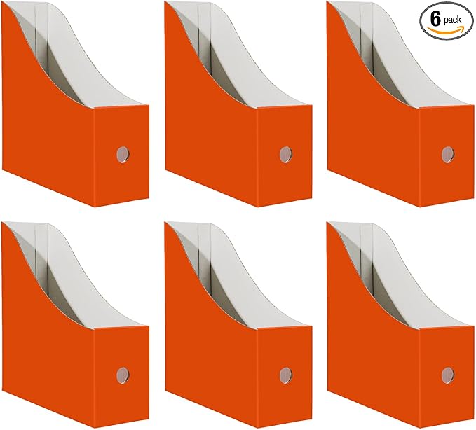 Limitliho 6 Pack Cardboard Magazine Holder for Desk, Book Bins for Classroom Library,Office,Home, 10.6" H x 10.2" L x 3.5" W in Magazine File Holder (Orange Red)
