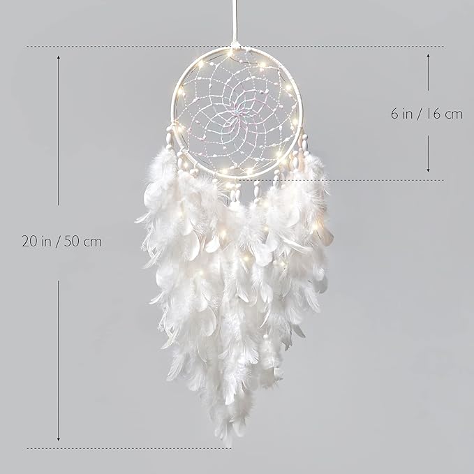 Dremisland White Feathers Dream Catcher Wall Hanging Elegant Wall Art Room Decoration for Windows Balcony Bedroom Wedding Party Gift for Girls and Kids (with Lights)