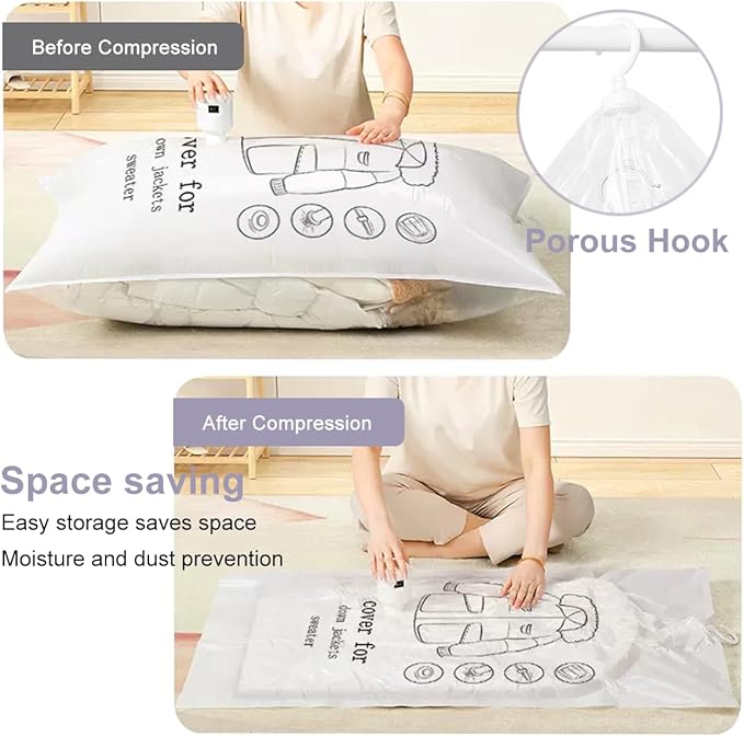 Hanging Vacuum Storage Bags 5 Pack, Space Saver Garment Bags 43.3 x27.6 inch, Vacuum Seal Bags for Clothing for Jacket, Suits, Dress, Clothing, Space Saver Bags With Hook