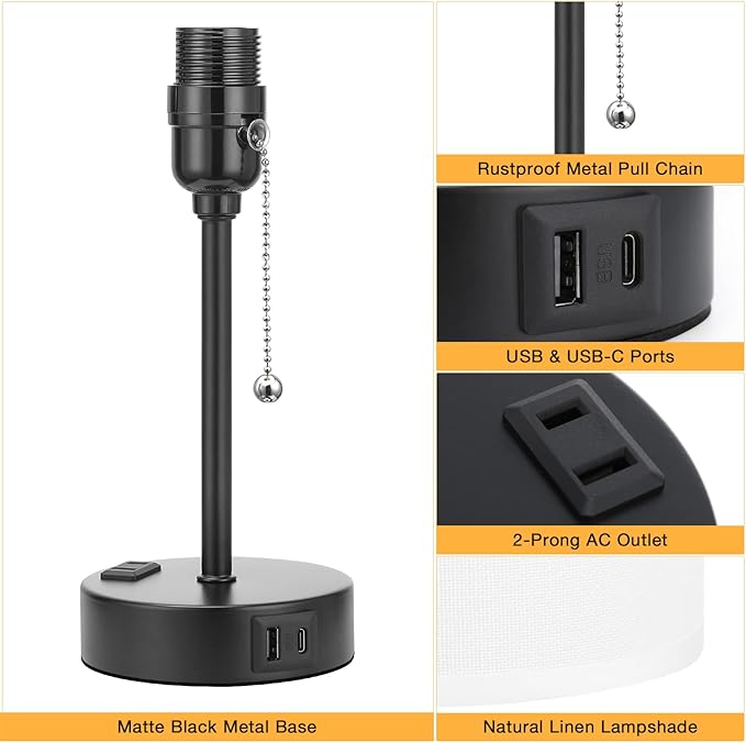 Bedside Table lamp for Bedroom Set of 2 - 3 Color Temperatures Small Lamps with USB C and A Ports, Pull Chain Table Lamps with AC Outlet, White Nightstand Lamps with Black Metal Base for Kids Reading