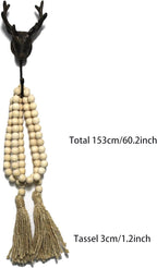 Farmhouse Decor Beads 60in Wooden Bead Garland with Tassels Rustic Minimalist Home Accent Prayer Country Boho Decoration for Wall Hanging Living Room Table Mantle Shelf Decor, Natural