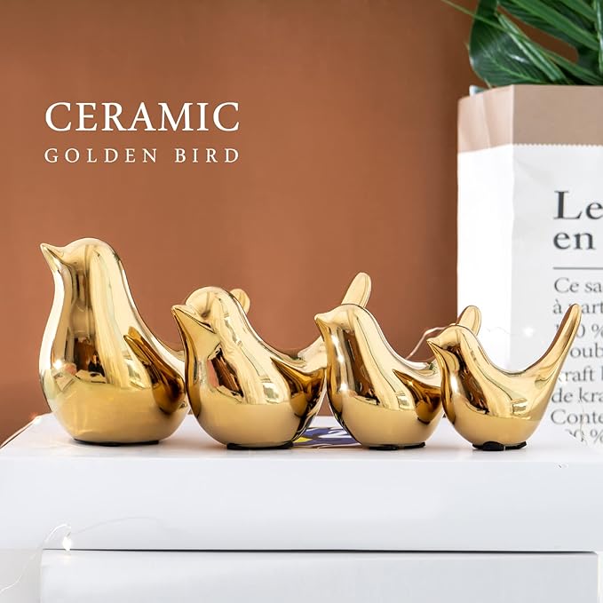 Notakia Small Birds Statues Home Decor Modern Style Decorative Ornaments for Living Room, Bedroom, Office Desktop, Cabinets (4Pcs Gold Birds)