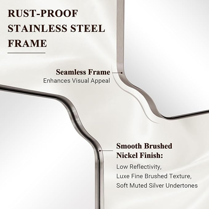 ANDY STAR 24"x24" Brushed Nickel Square Mirror, Silver Bathroom Mirror for Wall, Modern Scalloped Mirror in Anti-Rust Stainless Steel Frame, Styled Scalloped Edge Design Ideal for Home Decor