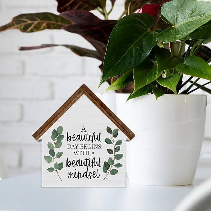 Motivational Positive Quotes Decor, Minimalist Eucalyptus House Shaped Wooden Block Sign, Inspirational Office Home Decor for Desk Table Shelf
