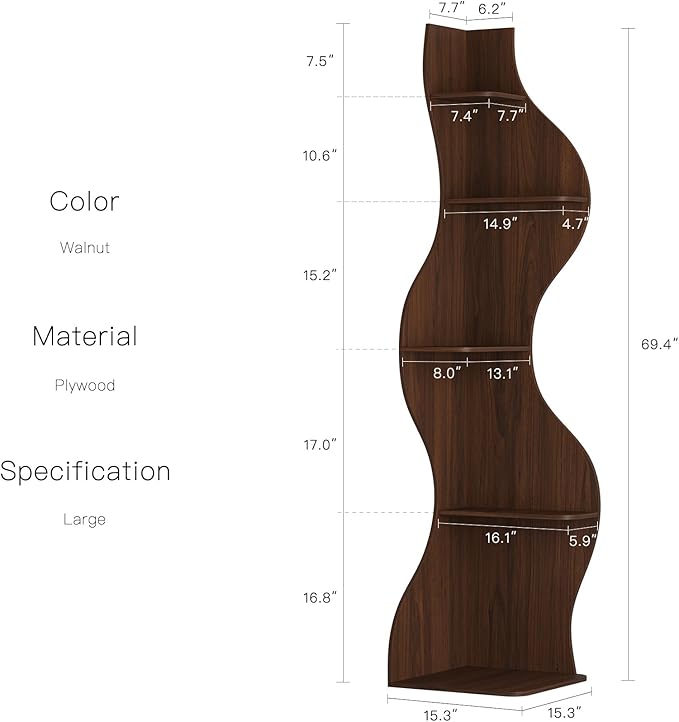 YOWOS Modern Corner Shelf, 5 Tier High Corner Bookshelf for Small Spaces, Scalloped Corner Bookshelf and Storage, Wooden Display Stand for Plants, Books and Decorations (Walnut)