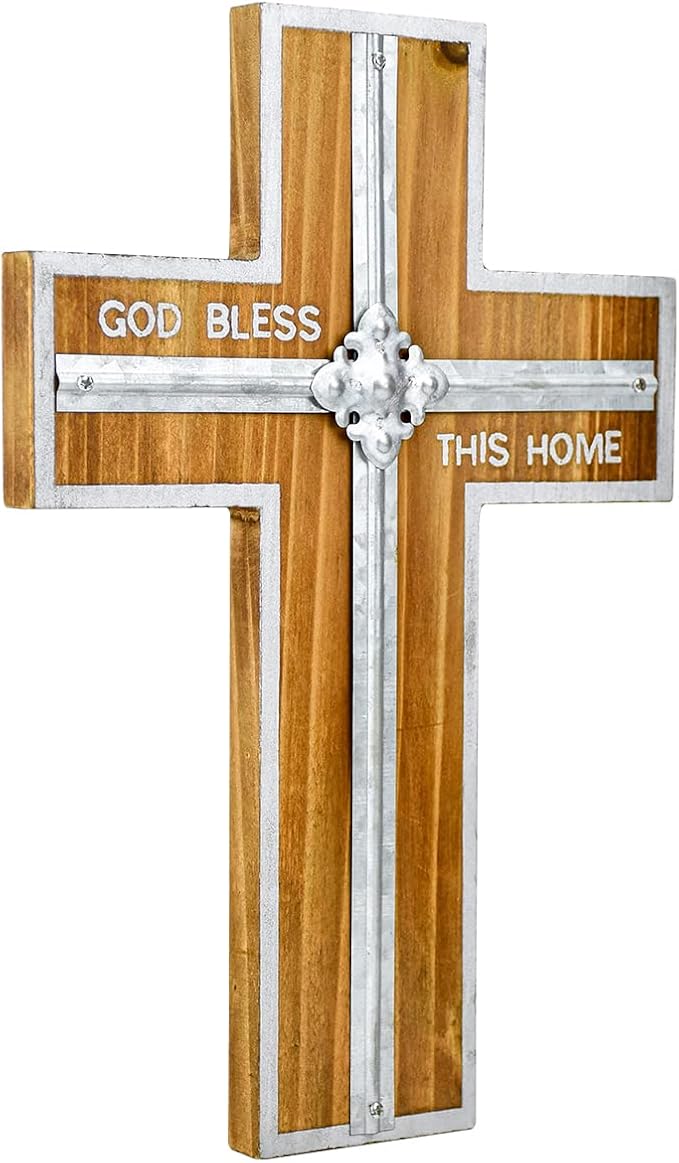 Wall Cross Retro Catholic Wooden Hanging Crosses Baptism with Metal Spiritual Religious Cross with Hook Silver Edge Blessed Letter Design Christmas Crucifix Gift for Church Home Wall Decor
