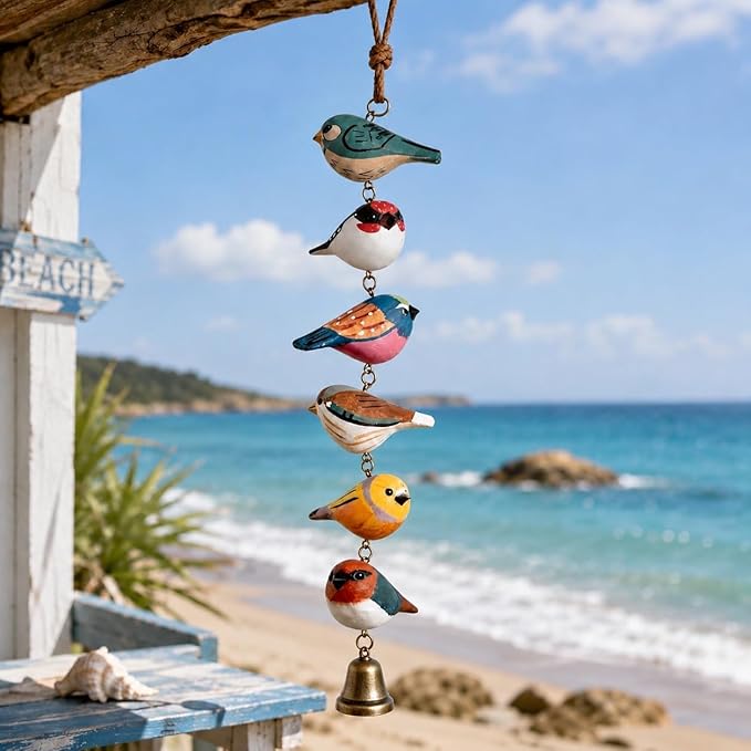 Rustic Hand Painted Bird Ornament, Handcrafted Wooden Colorful Birds, Carved Northern Figurine for Hanging Decor Indoor Outdoor, Decorative Wood Bird Wind Chime Style Pendant Decor(C)