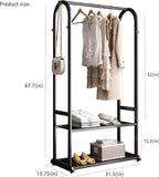 Freestanding Clothing Rack,Metal Garment Rack with Bottom Shelves and 6 Side Hooks,Black sturdy clothes racks for hanging clothes,Modern Wardrobe Organizer for Bedroom or Closet (L:31.5IN)