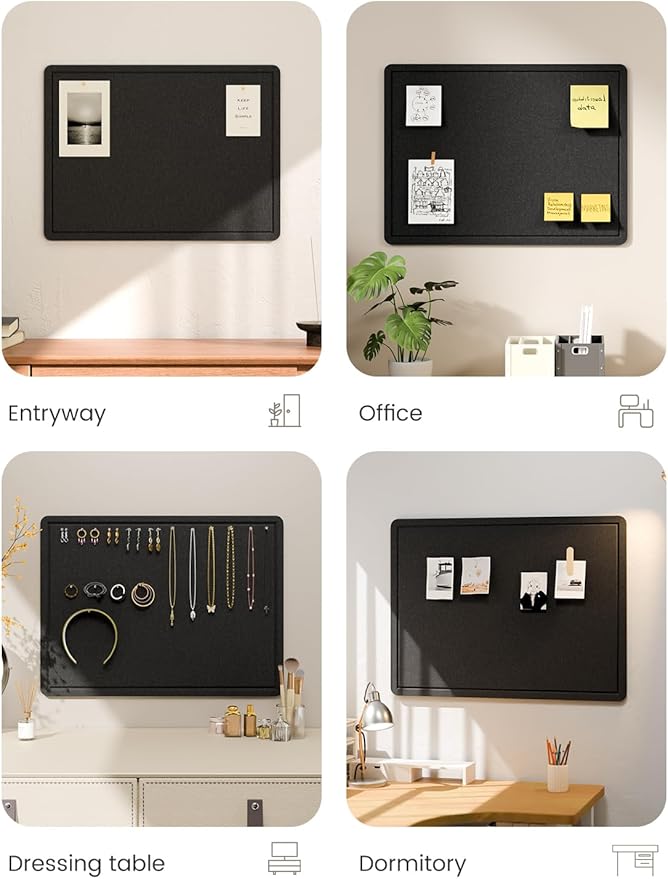 Fluxynara Bulletin Board, 23.6" x 17.5" Cork Board Alternative with 12 Safe Removable Adhesive Tabs, Foldable Felt Pin Board for Home Office, Classroom, Bedroom,Entryway for Walls—Black