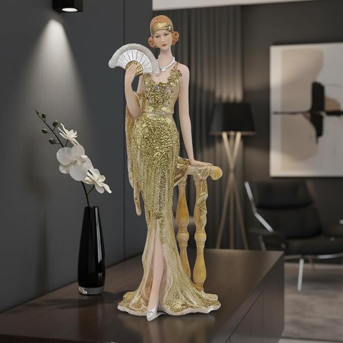 Comfy Hour 13" Glamour Elegance Victorian Art Figurine, Camille Lady with Fan Statue, Roaring 20s Art Deco Style Home Decor Accent, Polyresin Artisan Crafted Sculpture, 1 Unit (Gold)