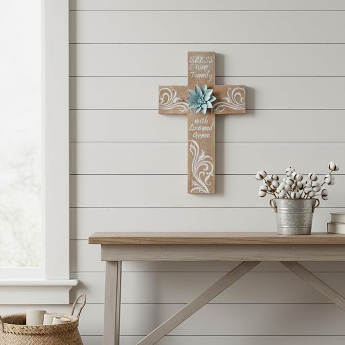TRENDIN Rustic Cross Decor for Wall, Wooden Decorative Wall Cross with Metal Flowers, Bless Our Family Christian Home Decor, Farmhouse Hanging Art for Living Room, Entryway, Bedroom