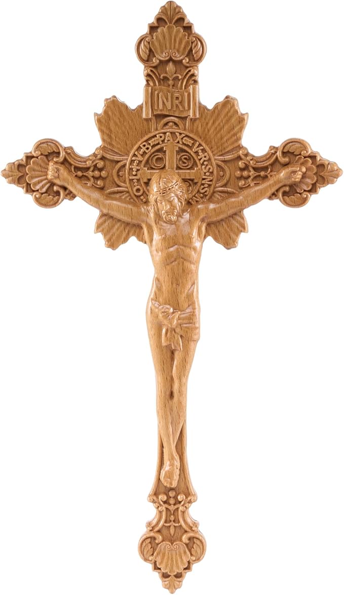 DAICAT Handcrafted Wooden Catholic Cross, Religious Wall Crucifix, Catholic Crucifix 10 inches, Natural Wood (6.7 x 9.8 IN, Jesus 1)