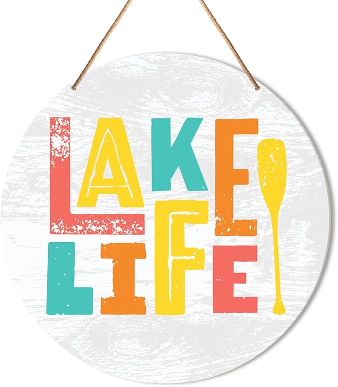 Lake House Wall Decor, Summer Country Lake Round Hanging Sign Decor Lake Life Wall Decorations Farmhouse Wood Sign for Home, Front Door, Porch, Housewarming Gift for Lake House Lake Lover