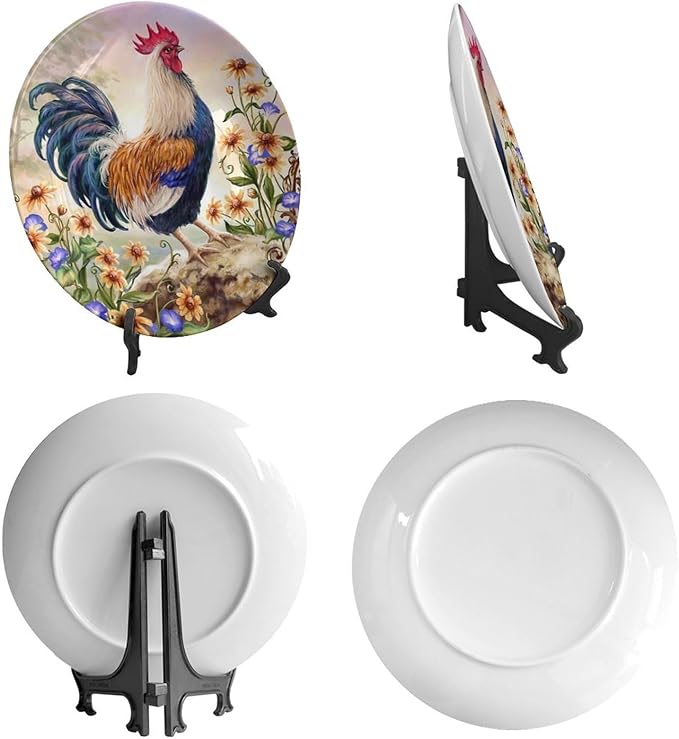 Rooster Decorative Ceramic Plates, 10inch, Rooster on Stone Round Display Plate, Decorative Plates with Stand, for Home Kitchen Bedroom Decorative Ornaments
