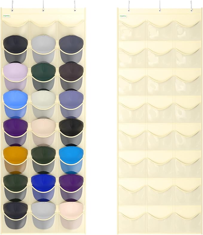 Unjumbly Baseball Hat Rack, 24 Pocket Over-The-Door Hat Organizer with Clear Deep Pockets to Display Baseball Caps Collection, Complete with 3 Over Door Hooks (Beige, 24 Pockets)