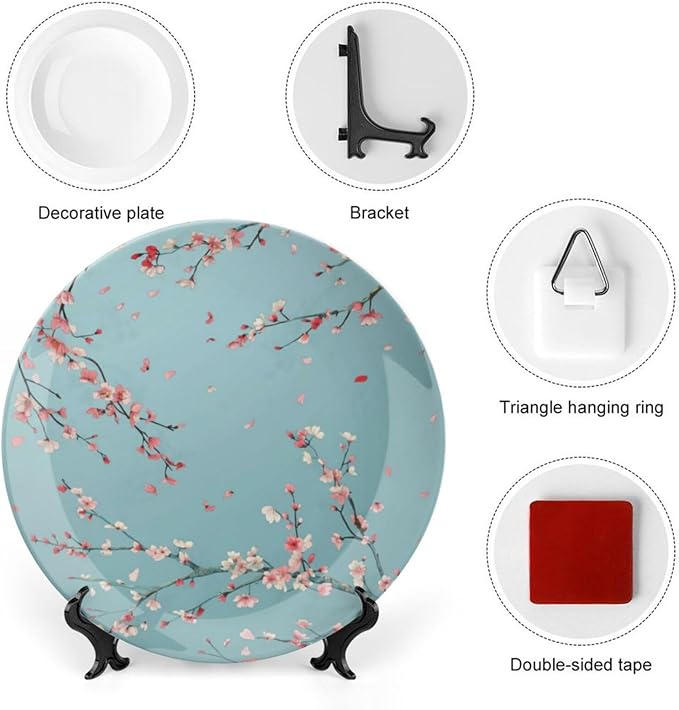 Japanese Spring Theme Decorative Ceramic Plate Round Porcelain Plate,Sakura Tree Branches Pattern,for Decorative Ornaments Giving Plates, 1 Plate with 1 Display Stand,Blue Pink,8 inch