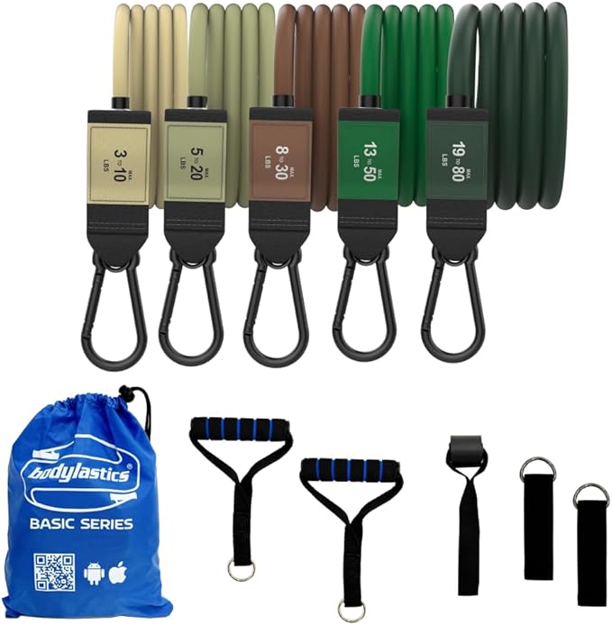 Bodylastics Patented Basic Series Resistance Band Set - 5 Resistance Bands with Snap Reduction Tech, 2 Handles, 2 Ankle Straps, 1 Door Anchor & 1 Carry Bag