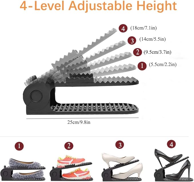 Shoe Slots Organizer, 8 PCS 4-Level Adjustable Shoe Rack Stacker, Organizador de Zapatos, Double Deck Shoe Holder for Closet Storage, No Assembly Needed, Black