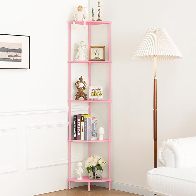 Yoobure Corner Shelf Stand, 5-Tier Bookshelf, 65" Tall Shelves for Bedroom, Living Room, Narrow Display Bookcase, Pink with Display Shelves for Office