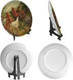 Rooster Decorative Plate Holder, 8 Inch, Rooster Hen Chick White Chicken Gathering Round Display Plate, Decorative Plates with Stand, for Home Kitchen Bedroom Decorative Ornaments