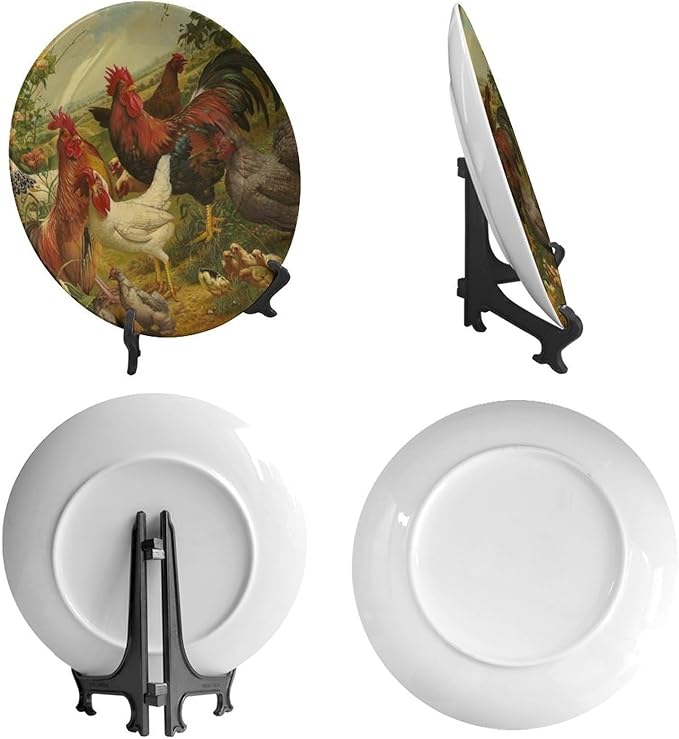 Rooster Decorative Plate Holder, 8 Inch, Rooster Hen Chick White Chicken Gathering Round Display Plate, Decorative Plates with Stand, for Home Kitchen Bedroom Decorative Ornaments