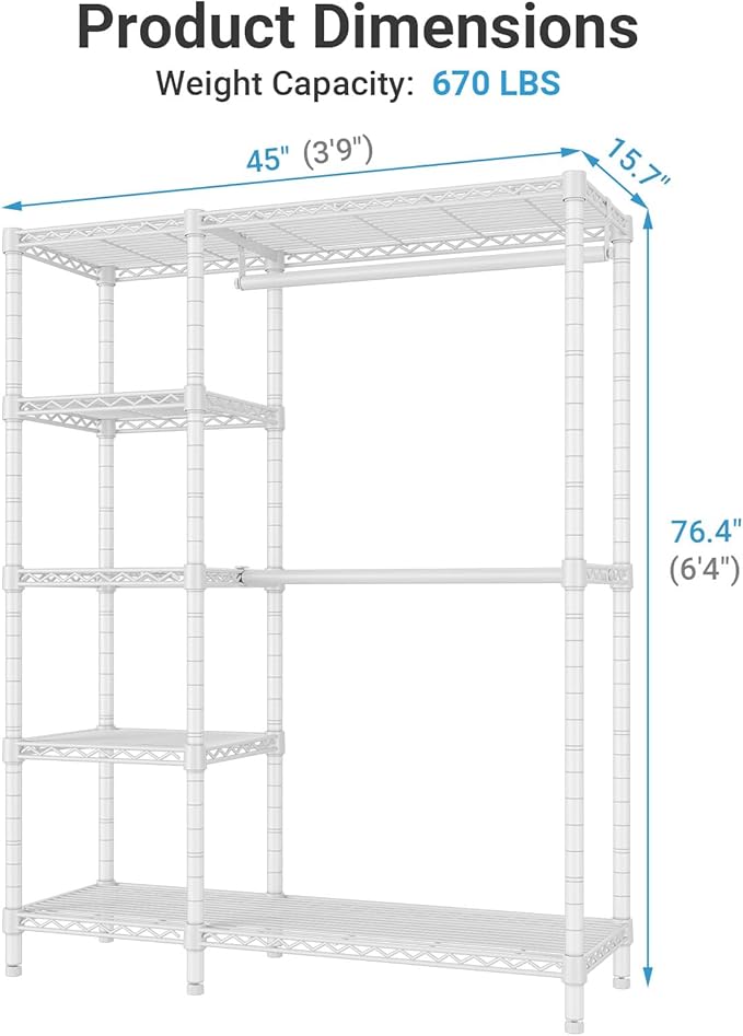 VIPEK V7C Garment Racks with Cover Portable Closets for Hanging Clothes, Heavy Duty Clothes Rack with Shelves Metal Closet Wardrobe, Max 670lbs, White Rack with Black Upgraded Polyester Cover