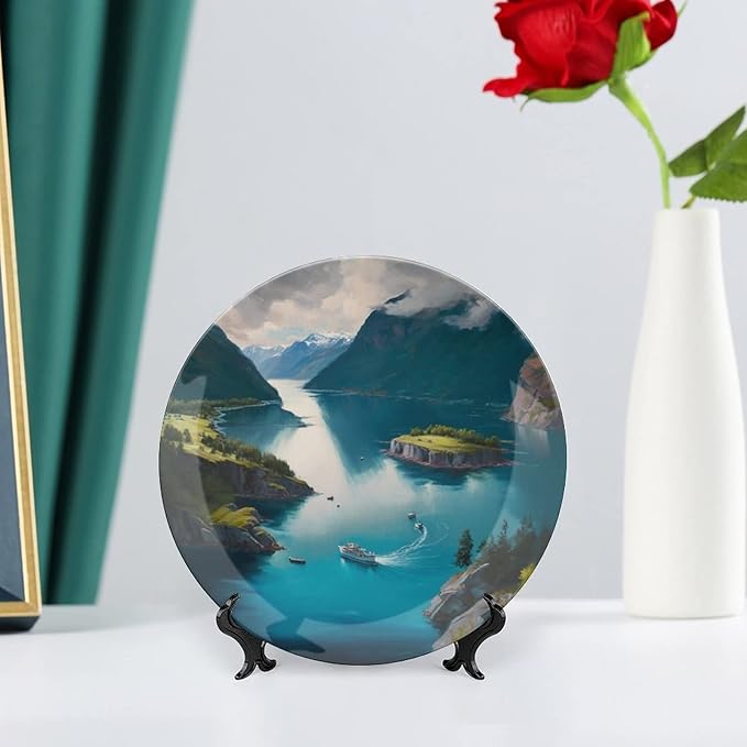 Fjords Mountain Lake & Ship Landscape Decorative Plates Home Decor Ceramic Plates Wedding Gifts Dinner Plates Display for Living Room, Kitchen, Hallway Console Side Table, 7 Inch