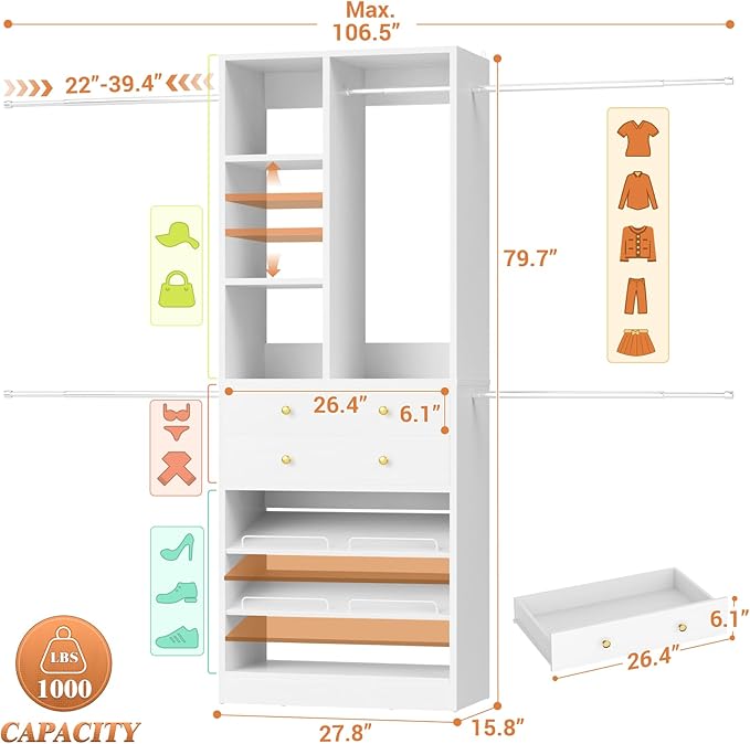 Closet System, 4.2–8.8 FT Closet Organizer with 2 Wooden Drawers and Shelves, Walk-in Closet System with Hanging Rods, Built-in Closet Tower, Can Fit 60 to 96 inch, White