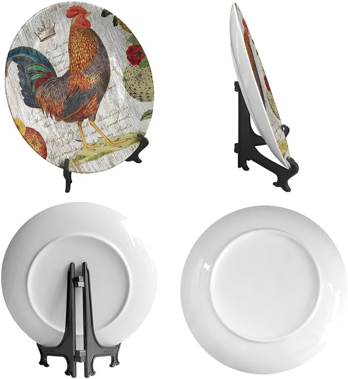 Rooster Decorative Ceramic Plates, 8 Inch, Crown Chicken In Flowers Round Display Plate, Decorative Plates with Stand, for Home Kitchen Bedroom Decorative Ornaments