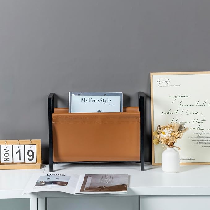 MyGift 15 Inch Modern Caramel Leatherette Magazine Holder with Rectangular Black Metal Frame, Floor Standing Faux Leather Book Storage Newspaper Rack, Home Bathroom Decor